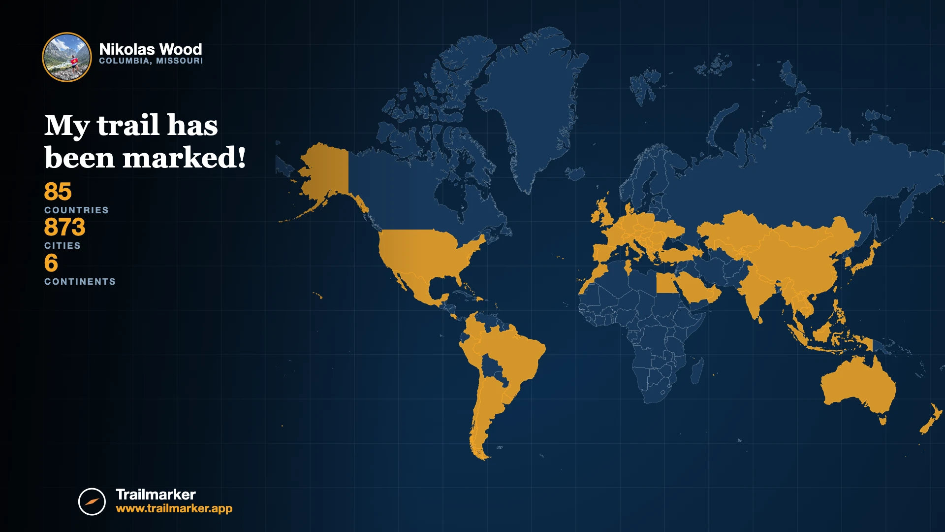 A real Trailmarker Map Share Card showing visited countries, cities and stats