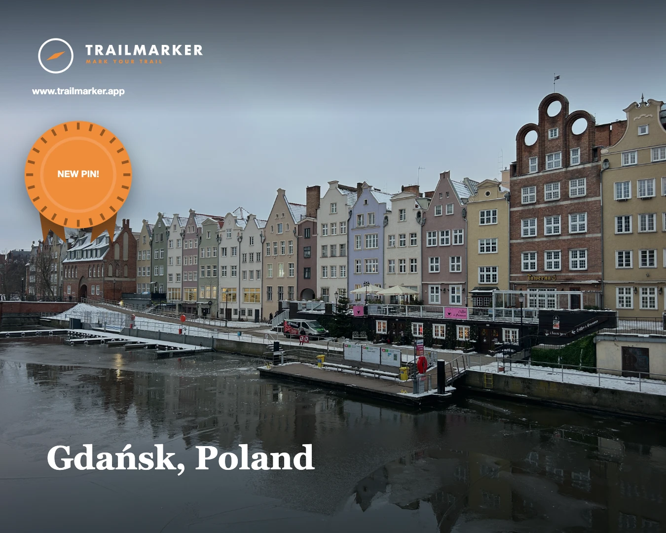 A real Trailmarker Pin Share Card with a photo, for Gdańsk, Poland