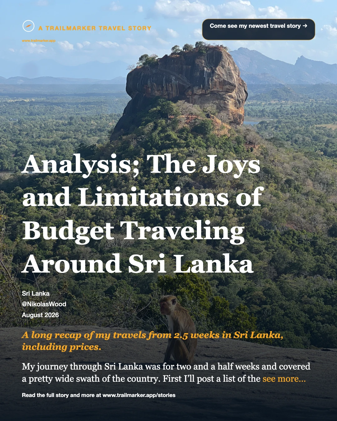 A real Trailmarker Travel Story Share Card, for a Sri Lanka travel story